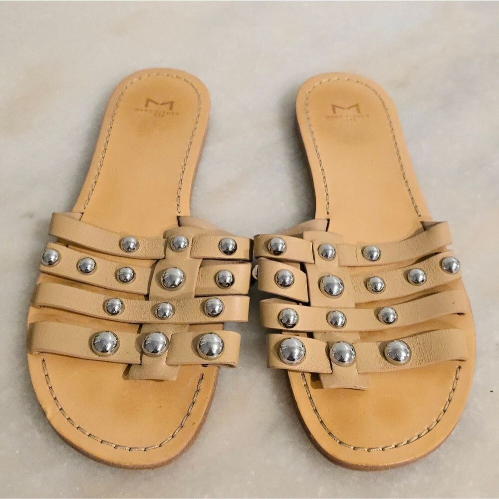 Marc Fisher Pava Tan Biege Leather Studded Flat Slide Sandals 9.5